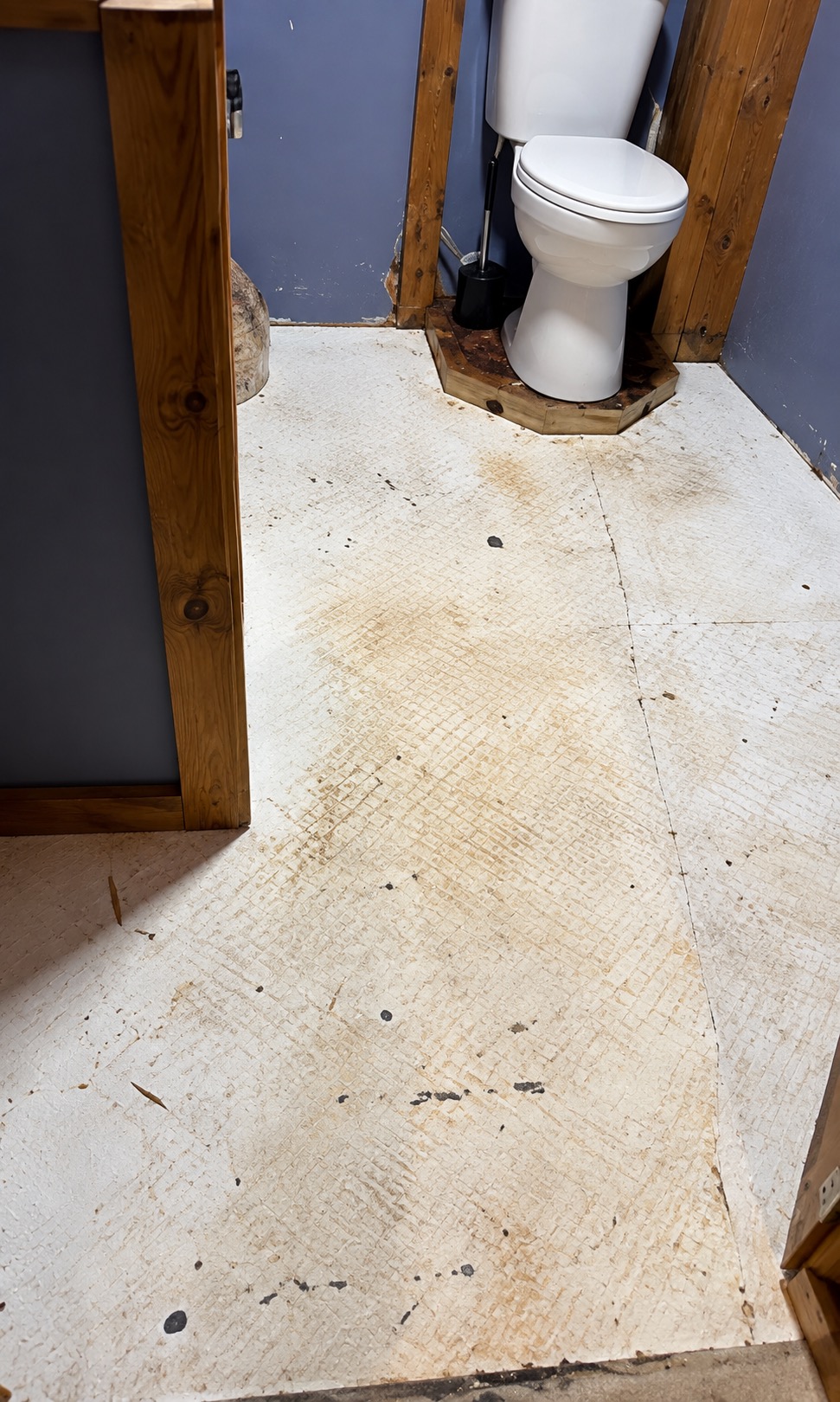 Basement bathroom before coating: worn, stained white floor with dark marks in front of the toilet
